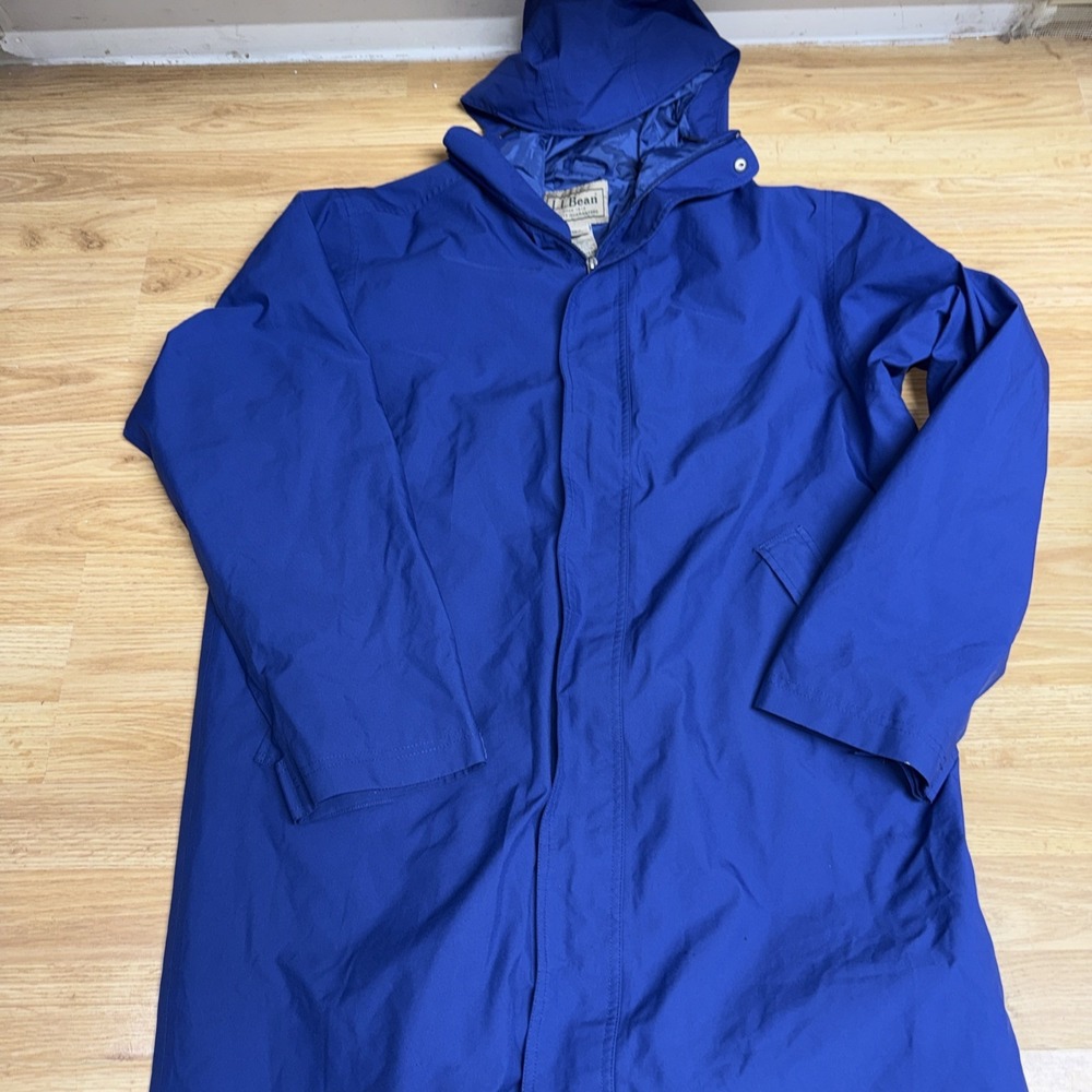VTG LL Bean Gore-Tex Rain Parka Jacket Mens L Blue Hooded Long Hiking Outdoors